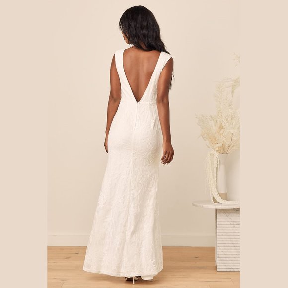 Lulus True Feelings White Sequin Embroidered Lace Maxi Dress M - Picture 4 of 4